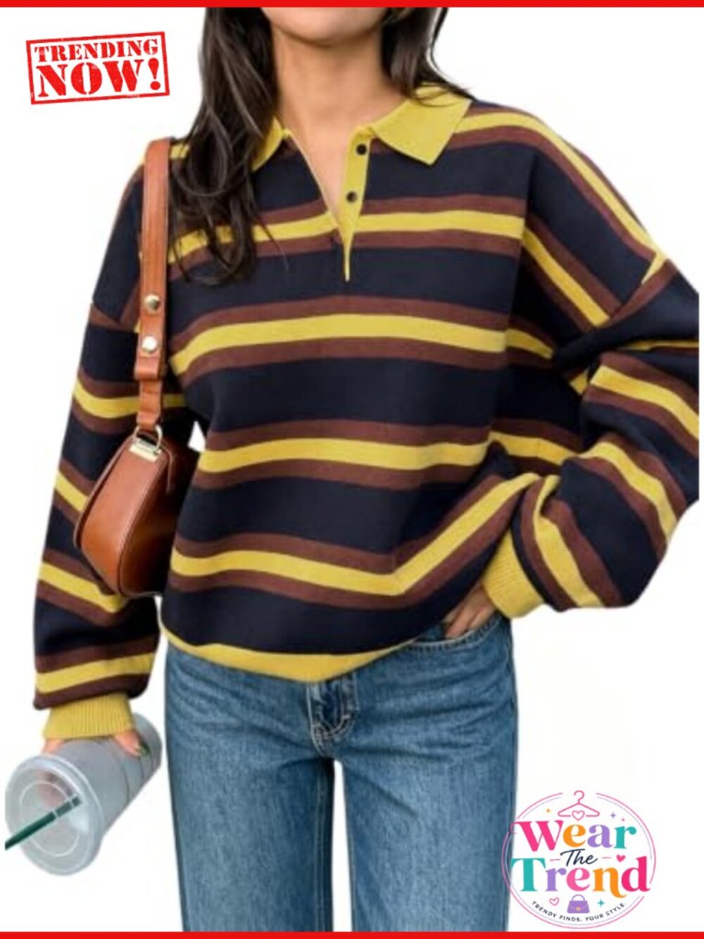 Striped Polo Sweater Long Sleeve Pullover Knit Top Casual
